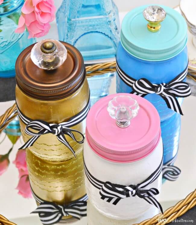 Accentuated mason jars with handles on lid
