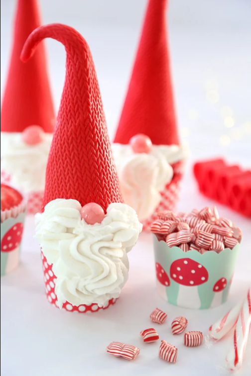 Cute candy Peppermint Christmas Gnome Cupcakes