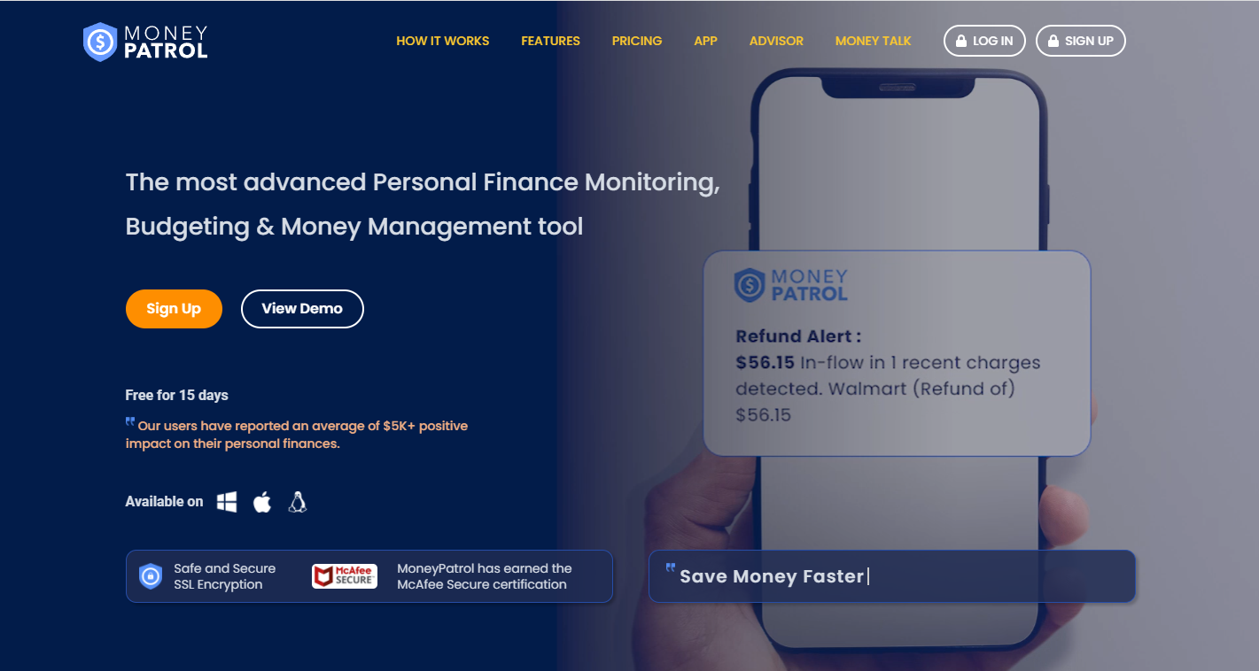 Money Patrol Personal Finance Tool website landing page