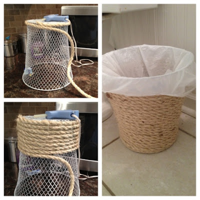 Wire garbage basket covered with rope