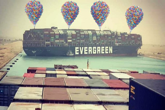 Evergreen ship with lots of balloons attached