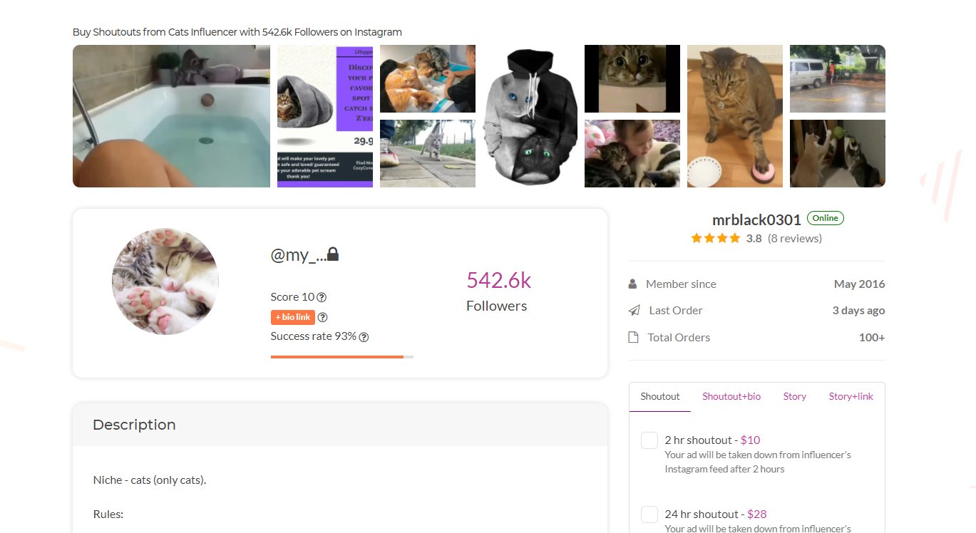 Shoutcart details of cat influencer with post details & pricing