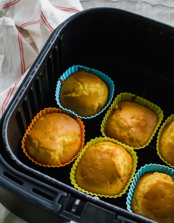 Six Air Fryer cupcakes in basket