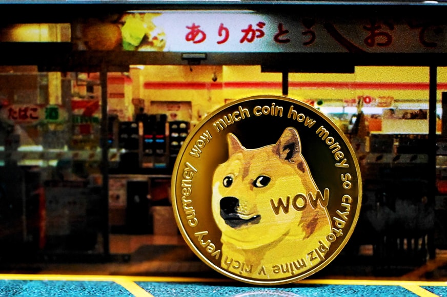 A Shiba Inu coin standing on top of a surface with a convenient store background