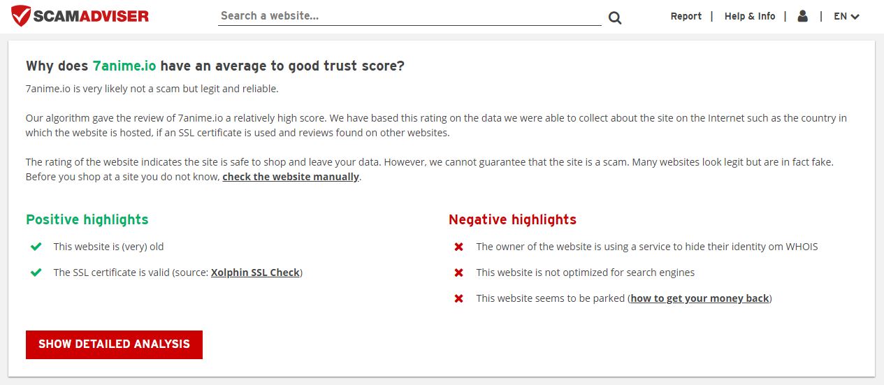 ScamAdviser website shows the legitimacy and trust score of 7anime.io