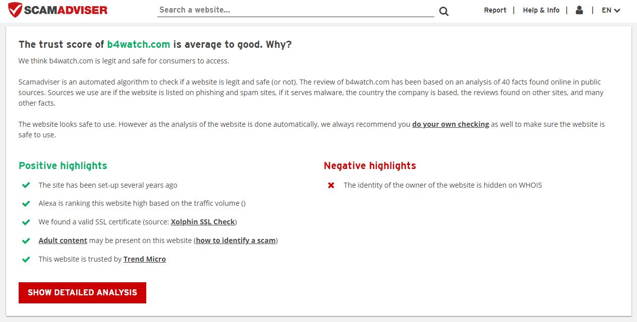 ScamAdviser website shows the legitimacy and trust score of B4watch