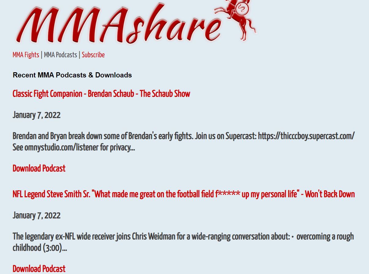 Screenshot of mmashare podcasts home page