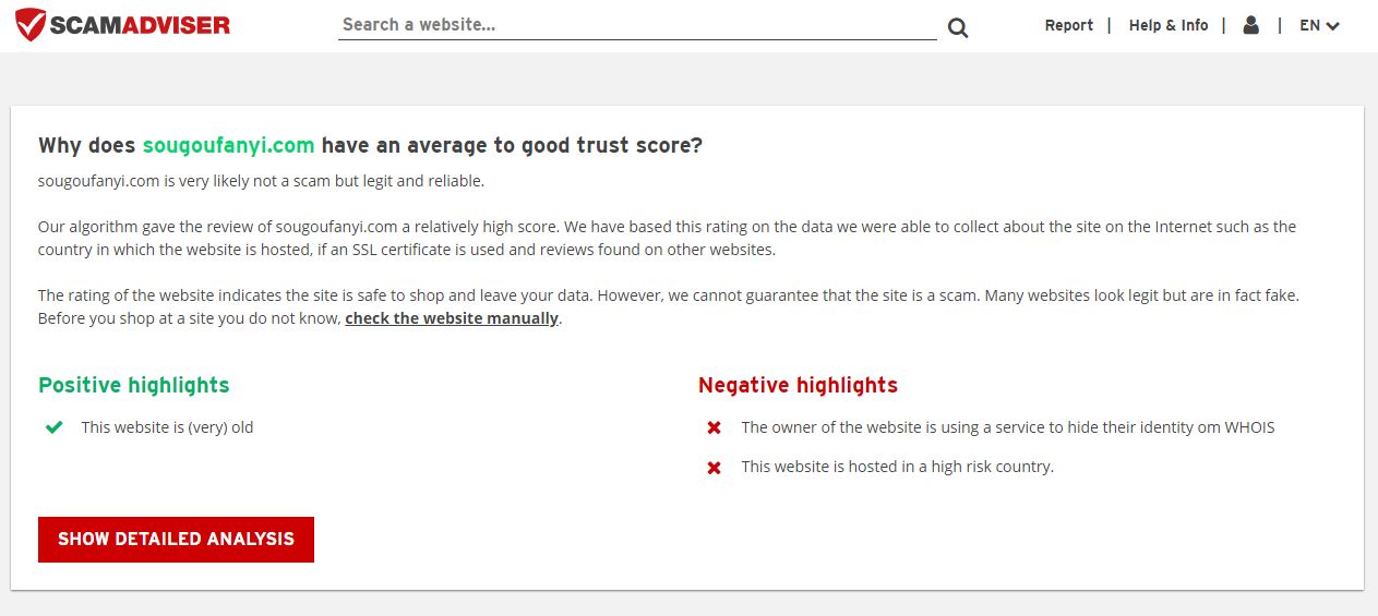 Websithe of ScamAdviser showing the legitimacy and trust score of Sougoufanyi
