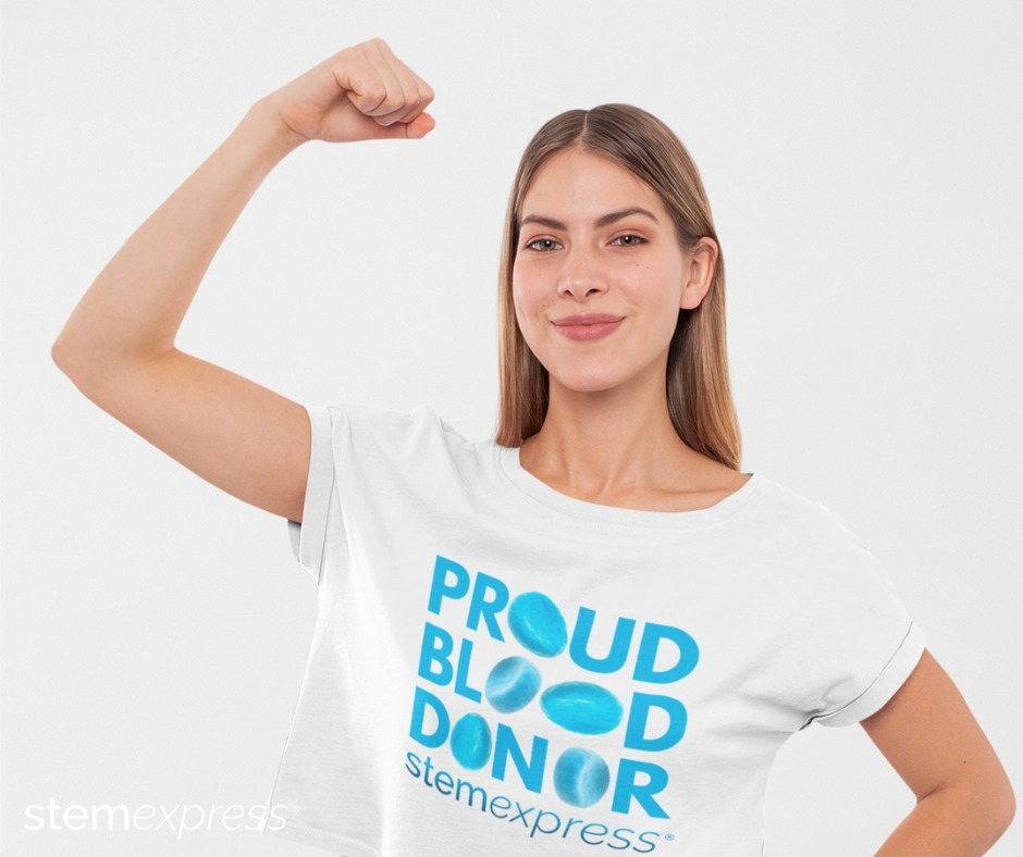 Female wearing white T-shirt, with the words ‘Proud Blood Donor’ for StemExpress