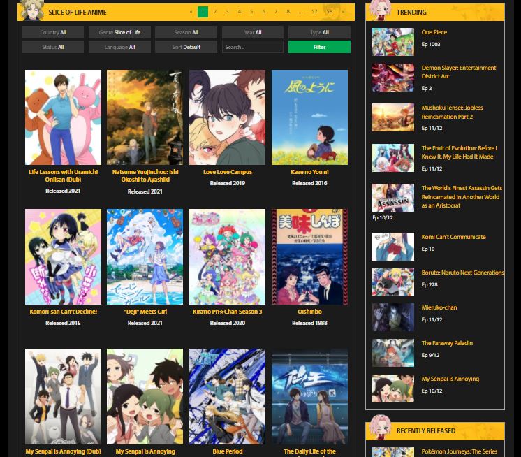 Gogoanime.pro website showing the Slice of Life genre section and anime series