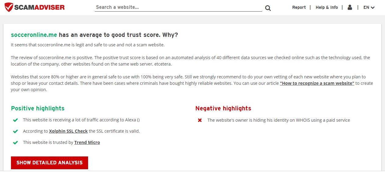 ScamAdviser website showing the legitimacy and trust score of Socceronline.me