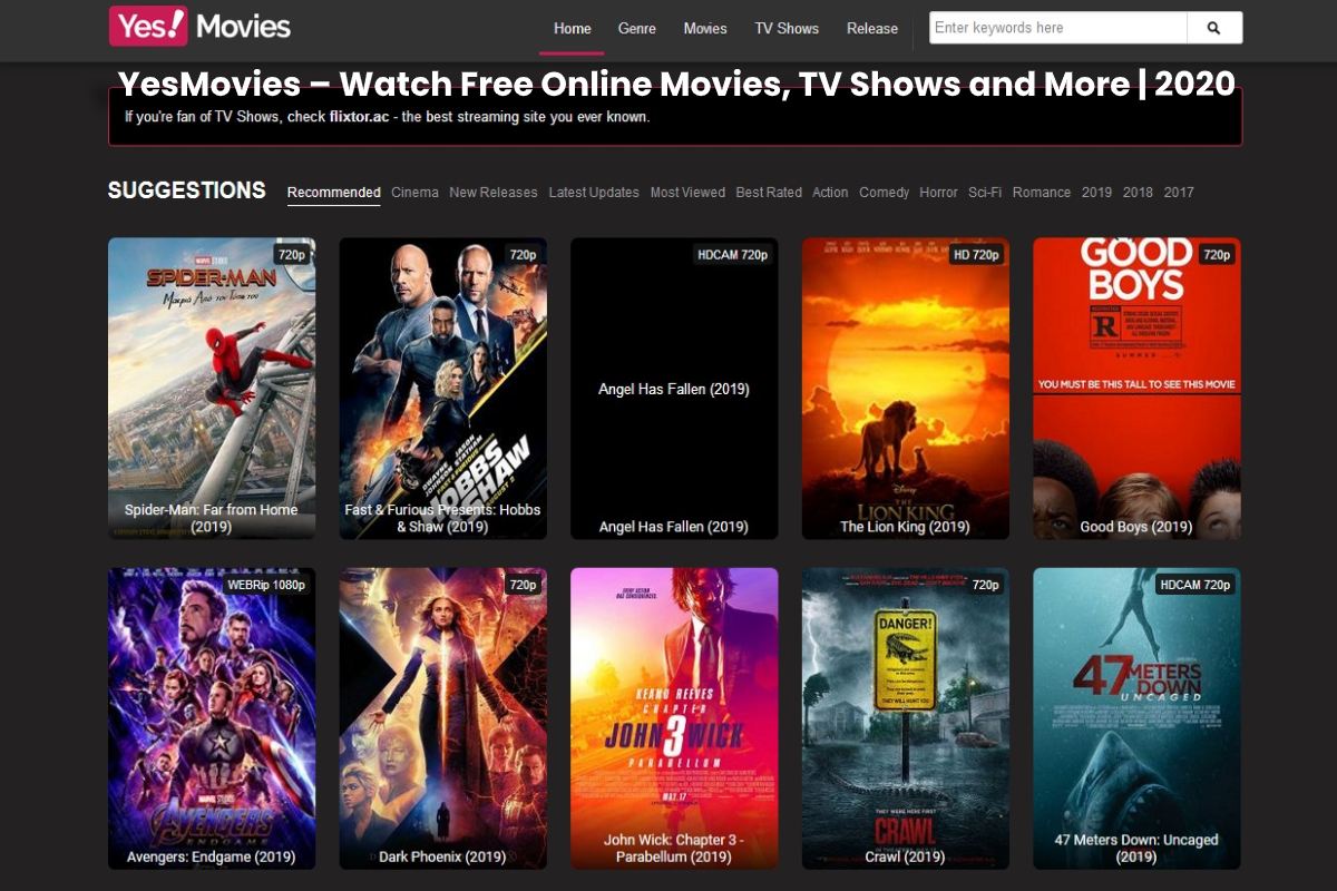 Main page of yesmovies website showing poster and title of ten movies in two rows