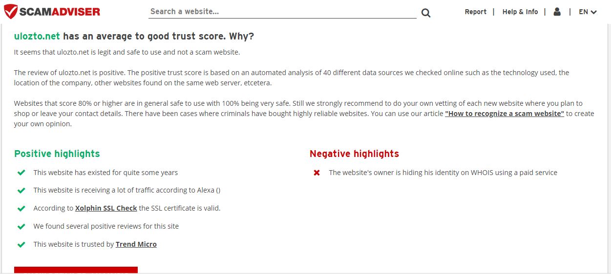 The website of ScamAdviser shows the trust score of Uloz.to