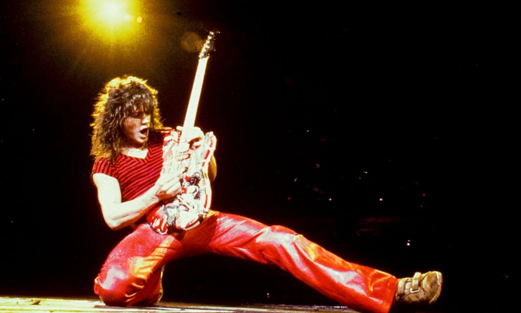 Van Halen in red playing guitar and performing At Starwood, West Hollywood.