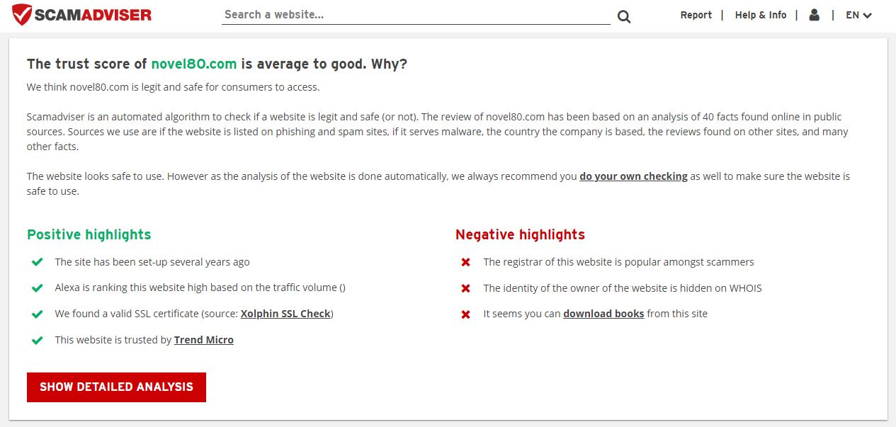 ScamAdviser website showing the legitimacy and trust score of Novel80