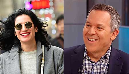 A side by side picture of Greg Gutfeld and his Russian wife, Elena Moussa