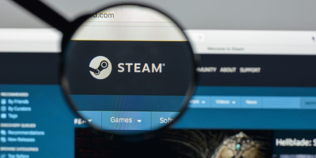 Main page of the steam website with a magnifying glass 