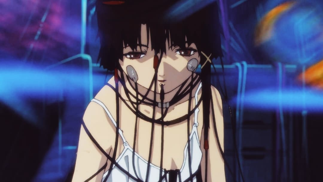Screenshot of a scene in Serial Experiments Lain showing Lain Iwakura in white camisole with black wires on face and body