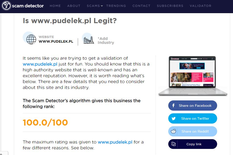 ScamDetector website shows the legitimacy and trust index of Pudelek.pl