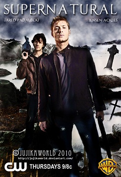 Poster of supernatural with two men standing in mountains