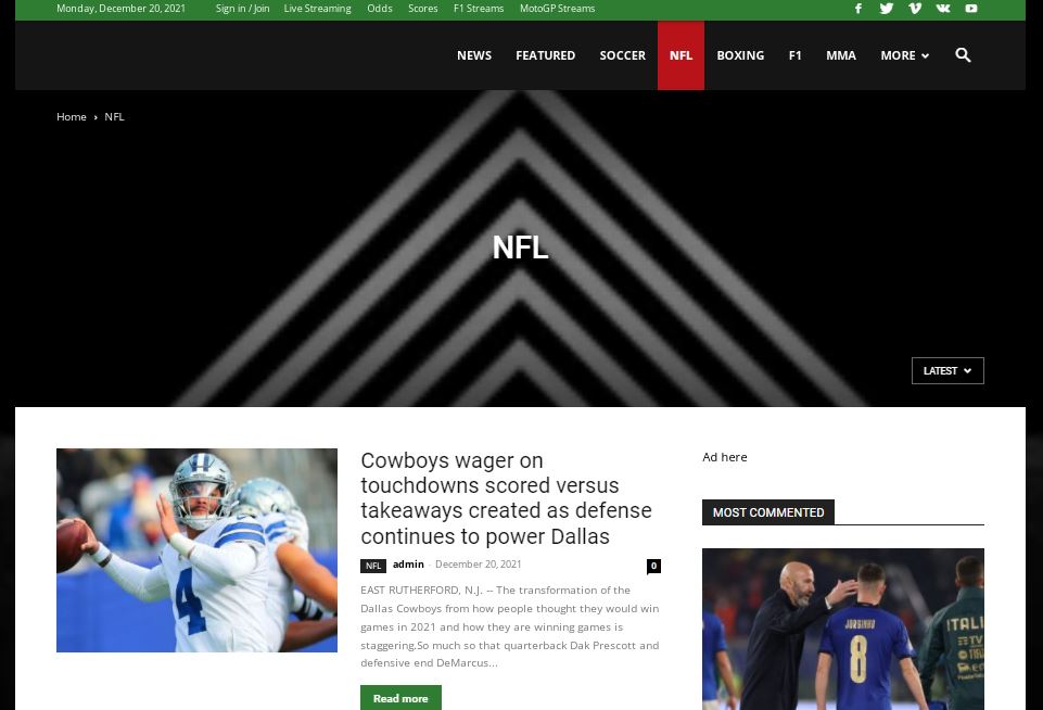 Blacktie Sports website shows the NFL sections and a news article about Dallas