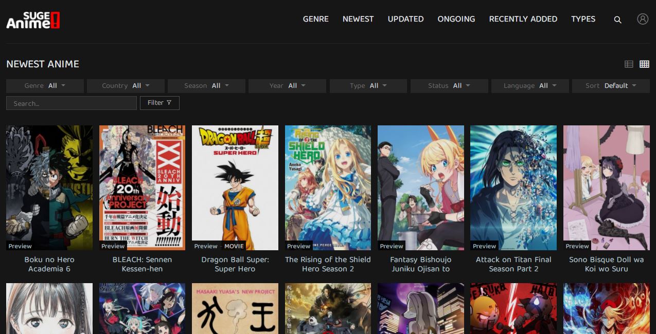AnimeSuge website shows the Newest Anime section