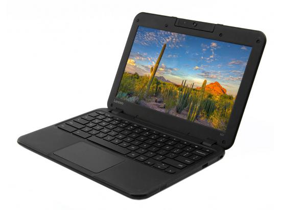 Black mini Lenovo laptop against a white background