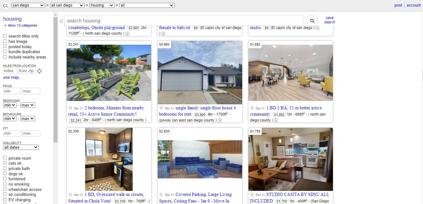 San Diego craigslist website showing the housing section