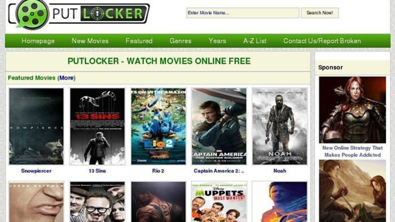 Putlocker website showing ten posters of hollywood films and a search engine