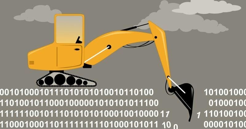 Graphic representation of an excavator mining online data as represented by a random series of 0 and 1