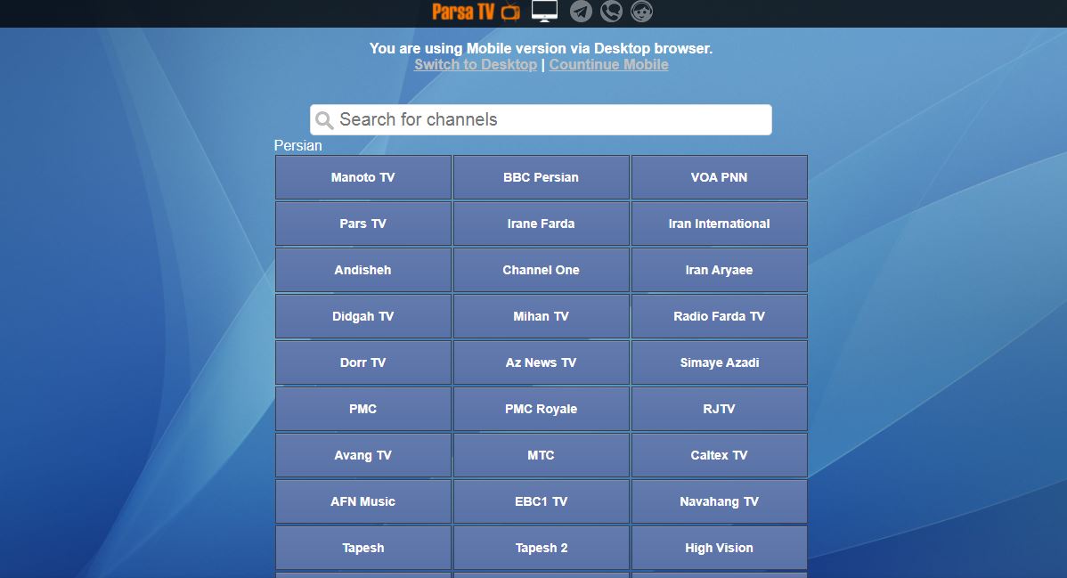 ParsaTV website showing the mobile section via desktop browser section