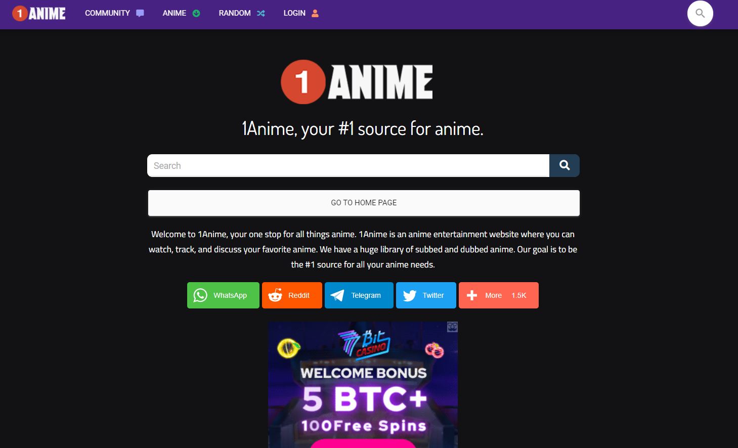 Screenshot of 1Anime home page
