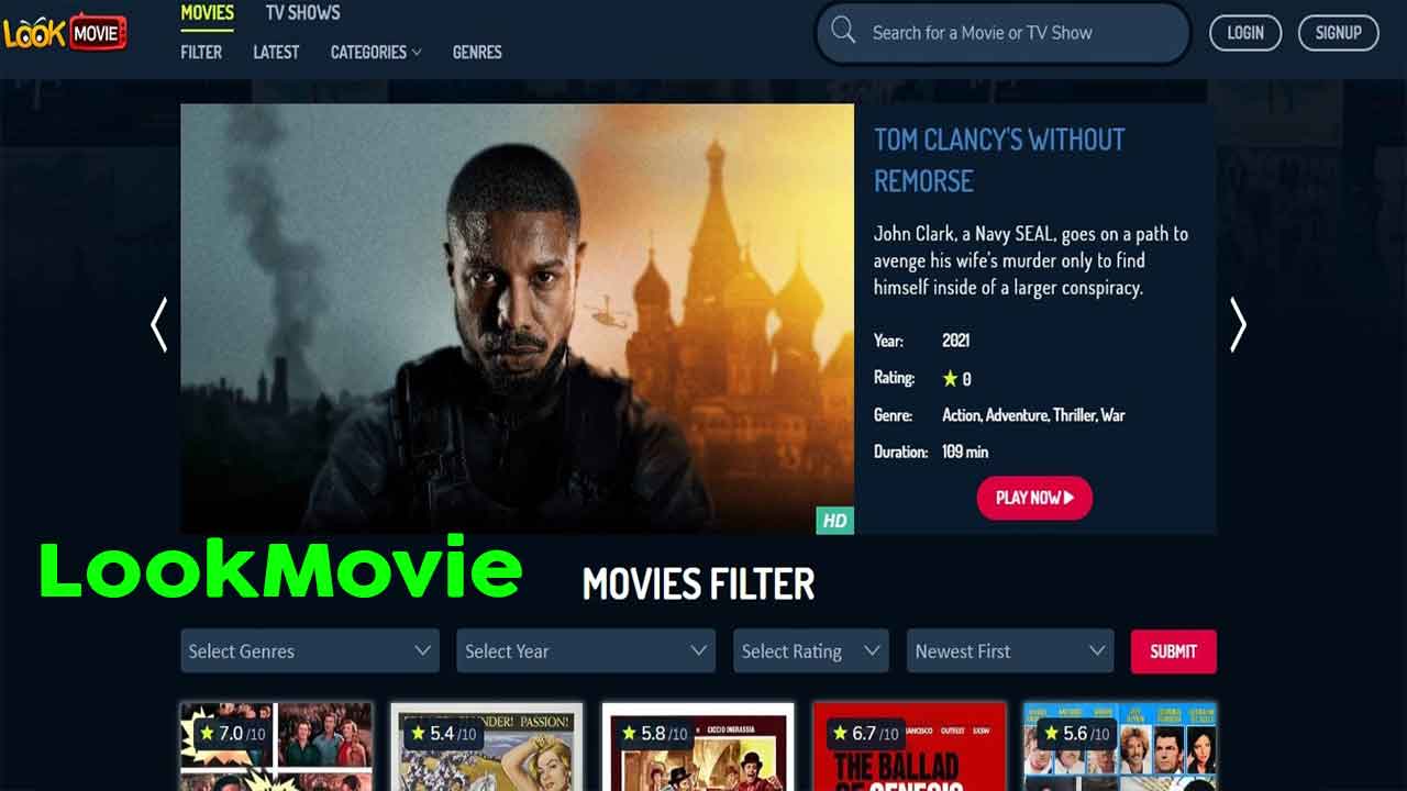 Lookmovies website showing a movie named tom clancy's without remorse and movie filters below it