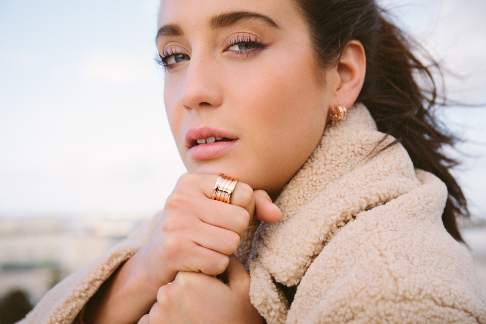 Maria Pedraza wearing Bulgari earrings and ring for a magazine feature as the Bulgari accessories ambassador