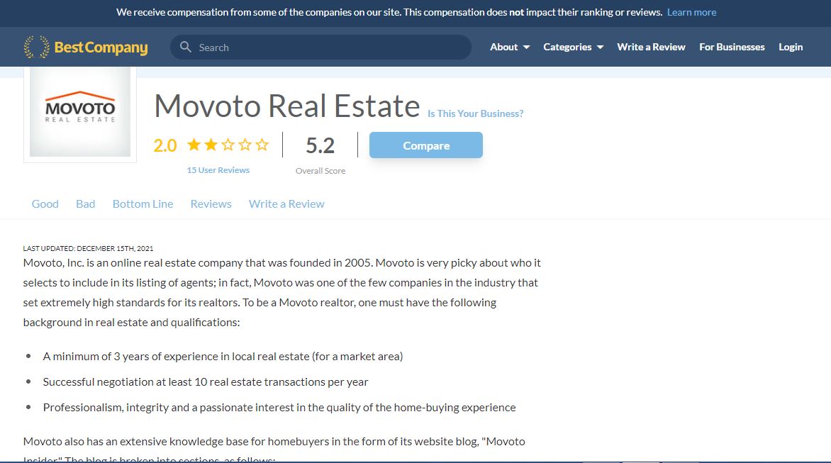 BestCompany site shows the rating and legitimacy of Movoto