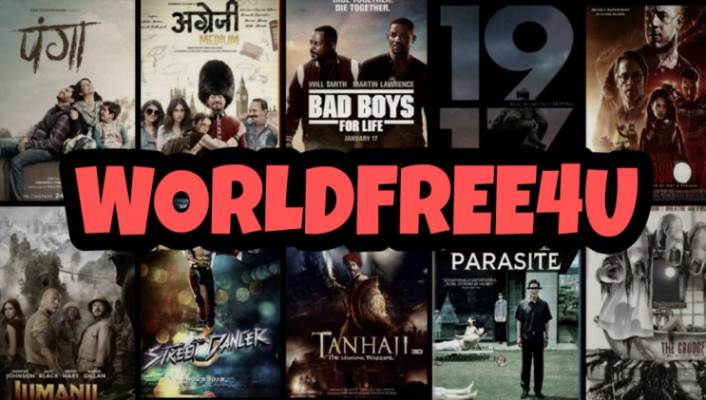 Main page of worldfree4u website with movie posters in the background and a red text stating worldfree4u in the middle