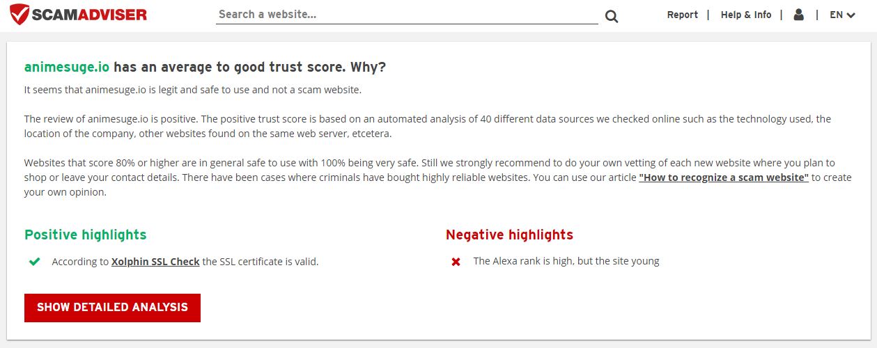 ScamAdviser website shows the legitimacy and trust score of animesuge