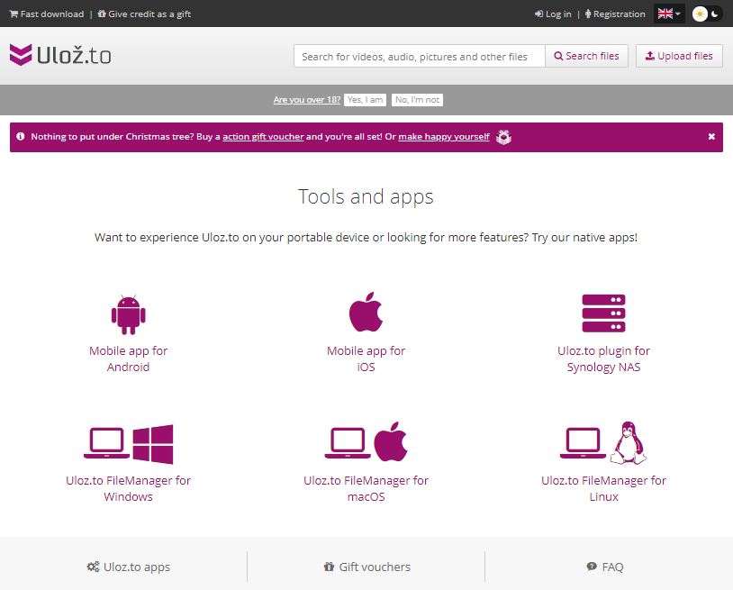 Uloz.to website showing the Uloz.to apps section and the tools and apps they have