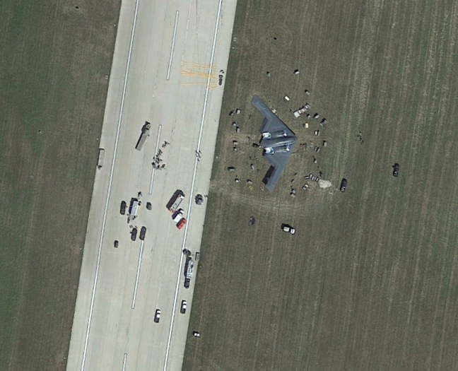Google Maps image screenshot of Stealth Bomber’s emergency landing in Whiteman Air Force Base