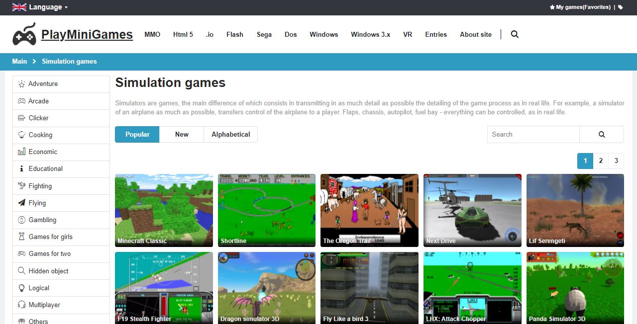 PlayMiniGames website shows the simulation games collection