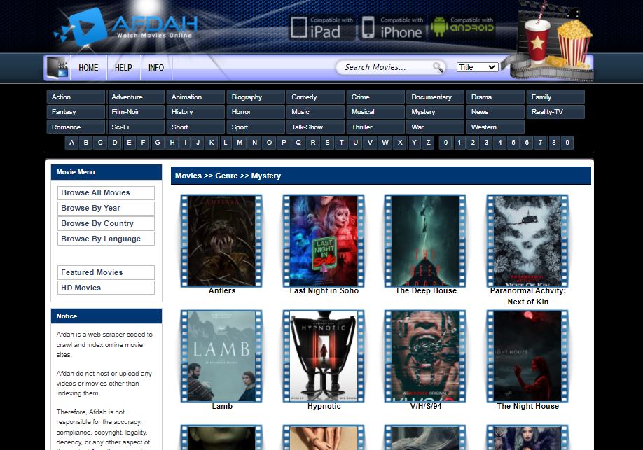 Afdah website showing the Mystery movie collection