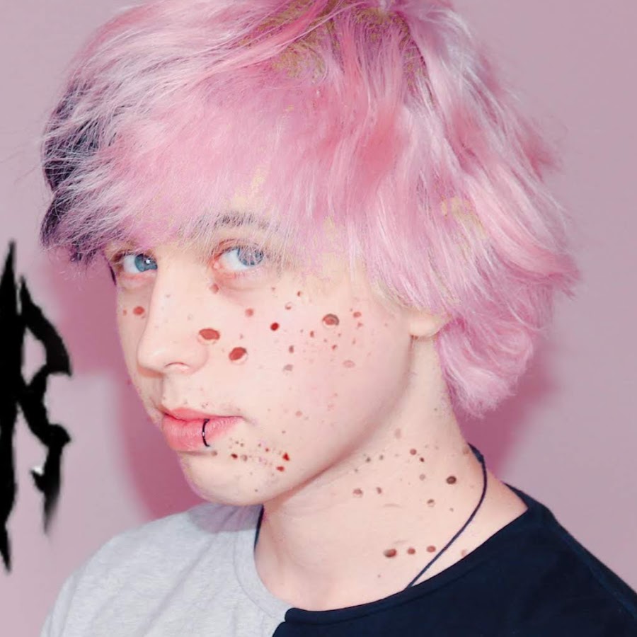 Caleb Finn in his famous black and pink hair color matching with a gray and black t-shirt and lip piercing