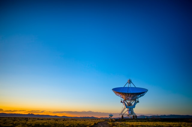Radio telescopes at the break of dawn in Very Large Array in Socorro, New Mexico