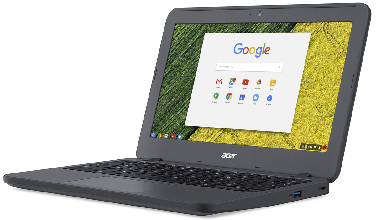 Small matte black Acer Chromebook browsing in Google against a white background