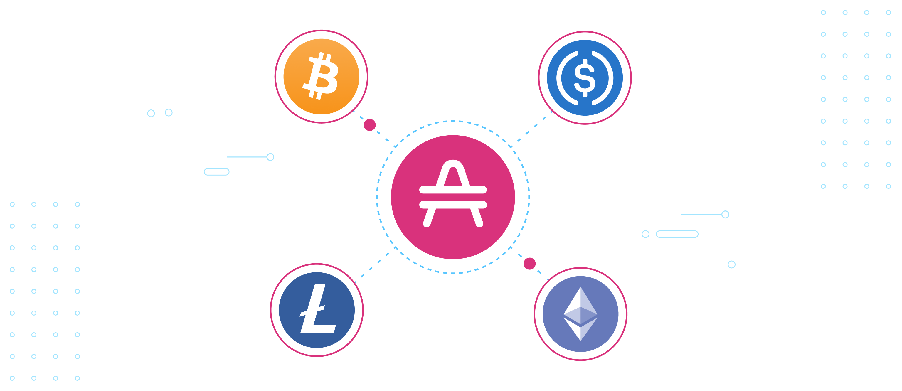 Cryptocurrency logos with AMP in the middle