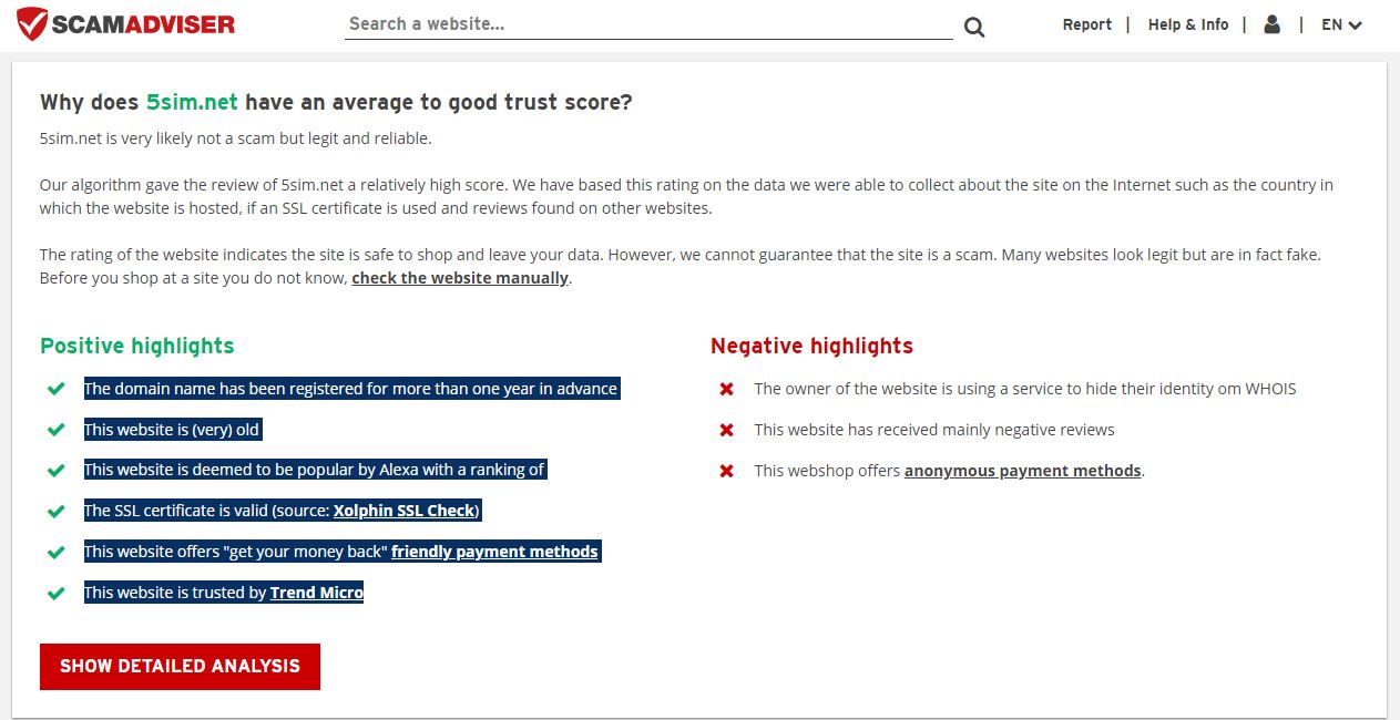 ScamAdviser website shows the legitimacy and trust score of 5sim.net