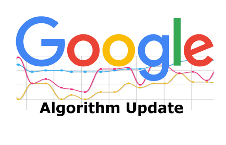 Google algorithm update with google logo and line graph as background