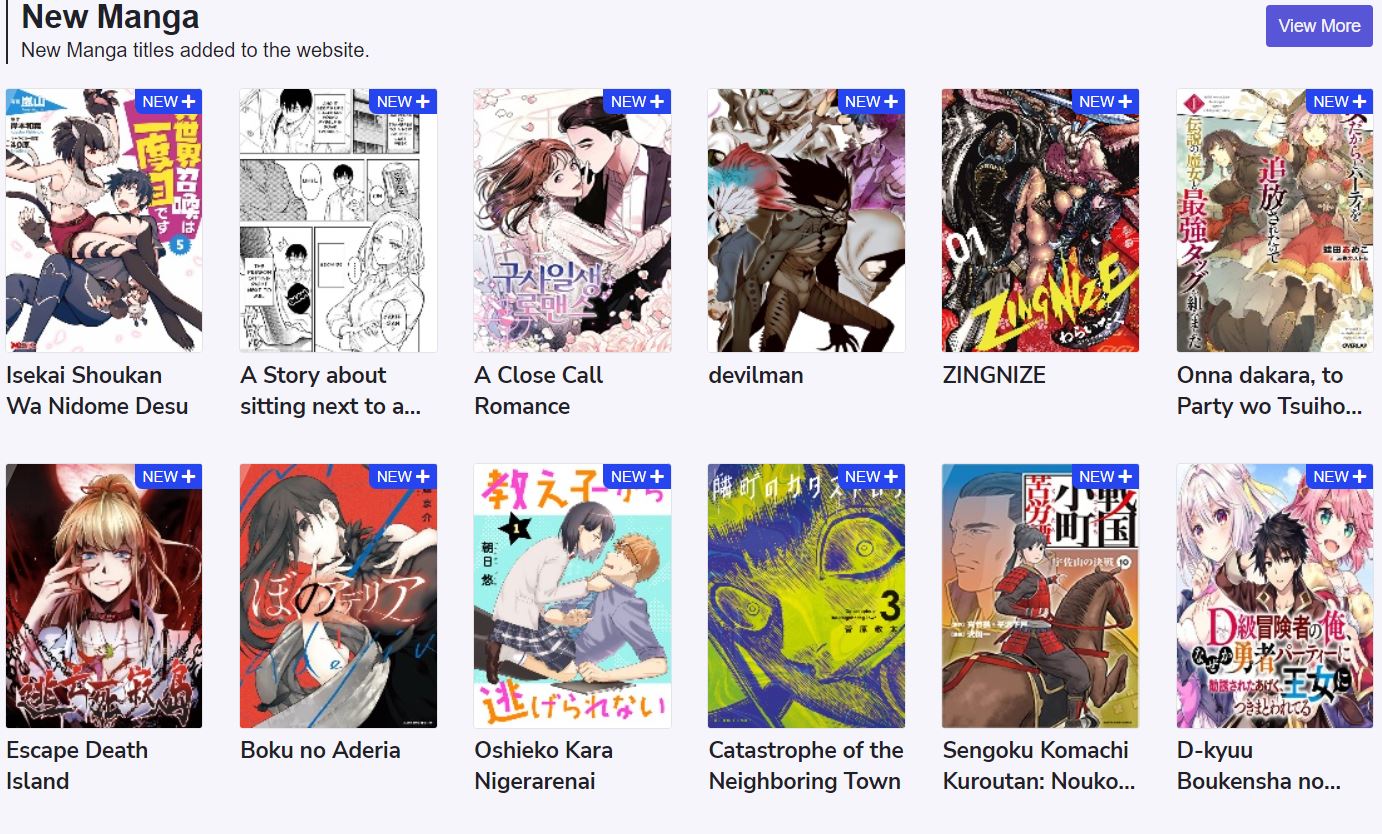 Screenshot of New Manga titles added to the Manga Raw