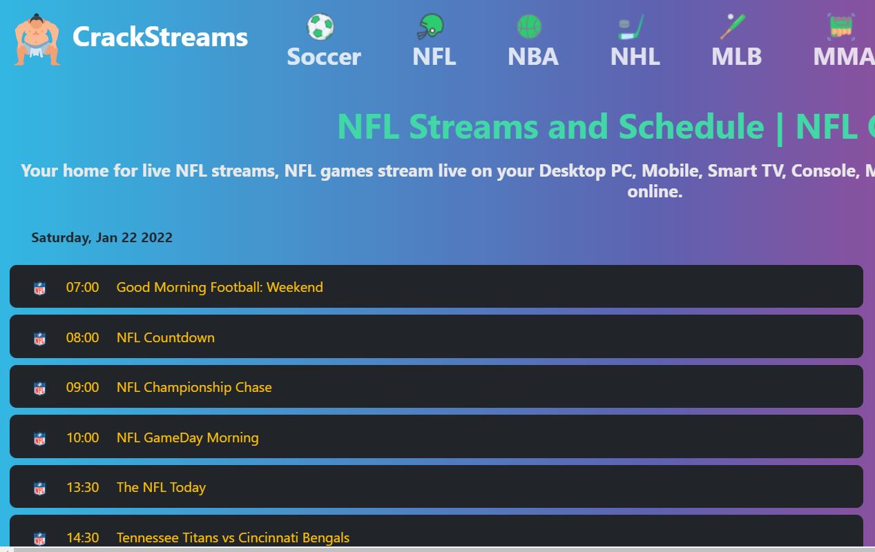 NFL Streams and Schedule on crackstreams