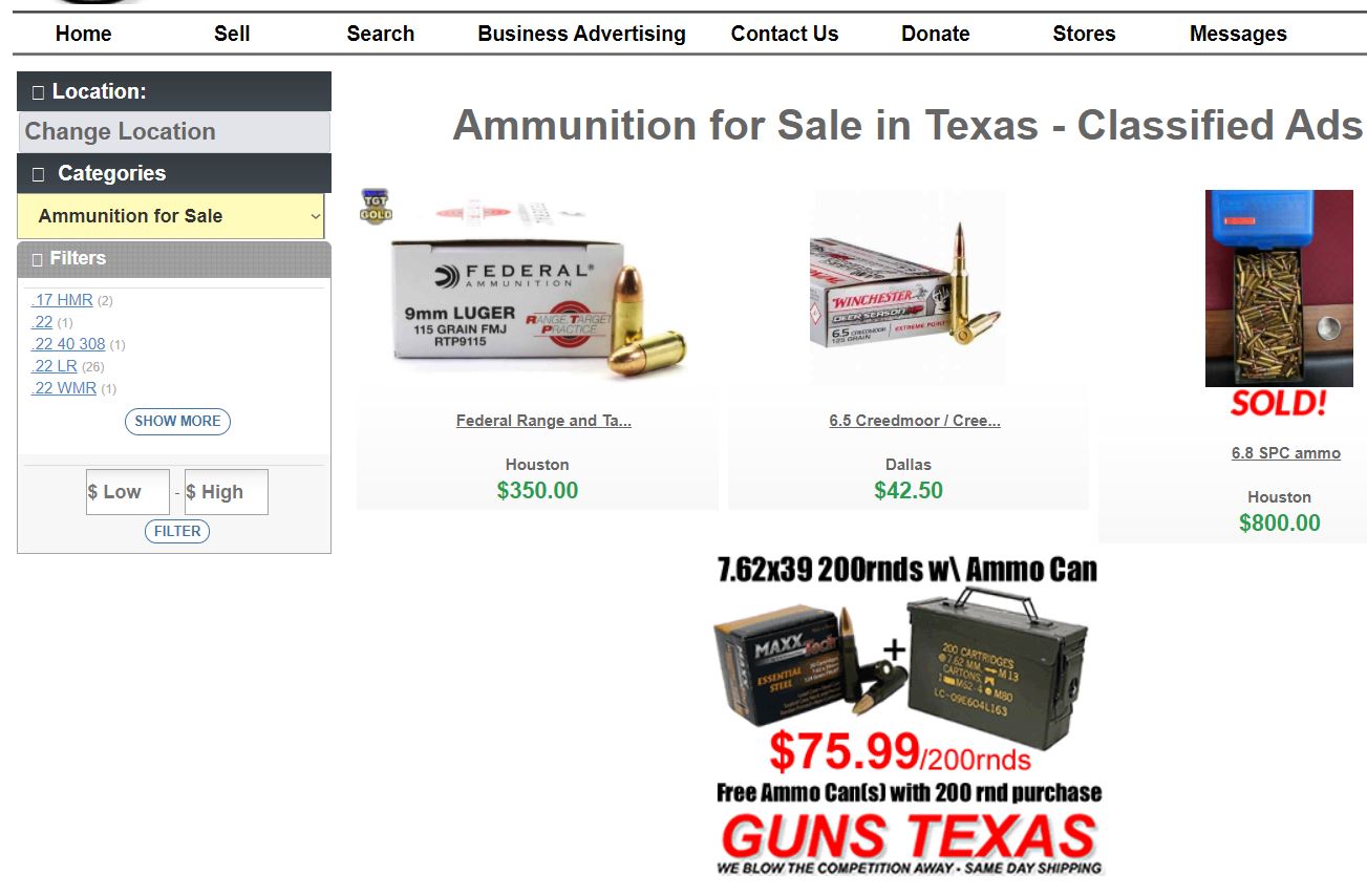 Screenshot of Ammunition For Sale In Texas on texasguntrader